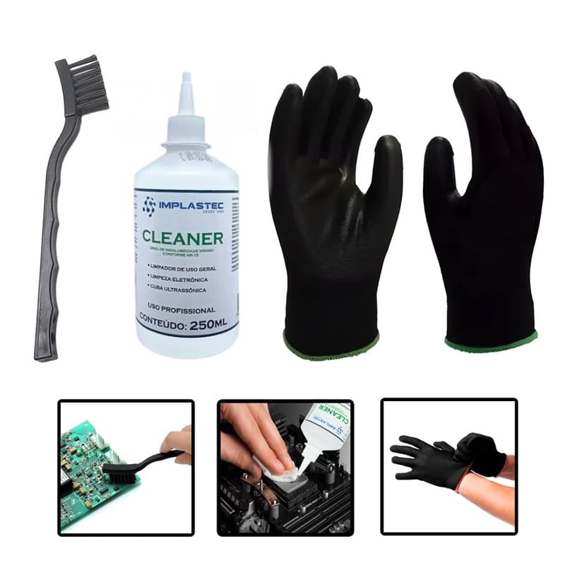 Kit Luvas Antiestáticas + Escova ESD + Cleaner Implastec 99,5% 250ml -  Limpeza de Eletrônicos Placas