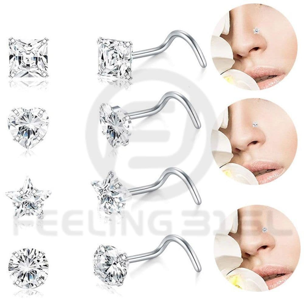 Piercing Nostril de Nariz Zircônia 5A de 3mm Estrela/Redondo/Quadrado/Coração em Aço Inoxidável Cirúrgico