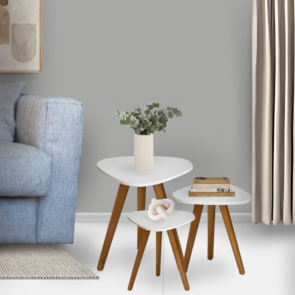 Kit Trio Jogo de Mesinhas Lateral Sala Pé Palito Retro Tampo Orgânico