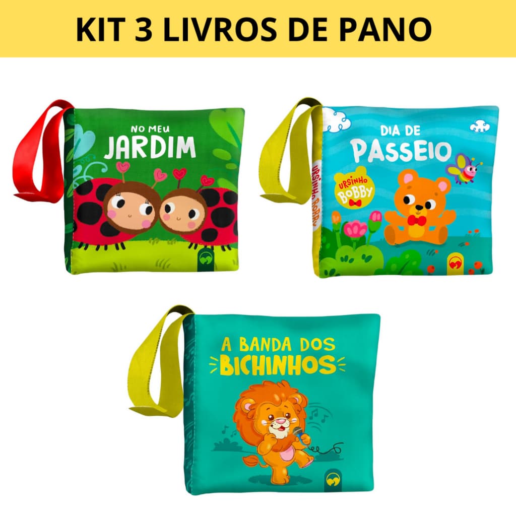 Kit 3 Livros Infantis de Pano - Bebê Feliz - Jardim, Bichinhos, Passeio