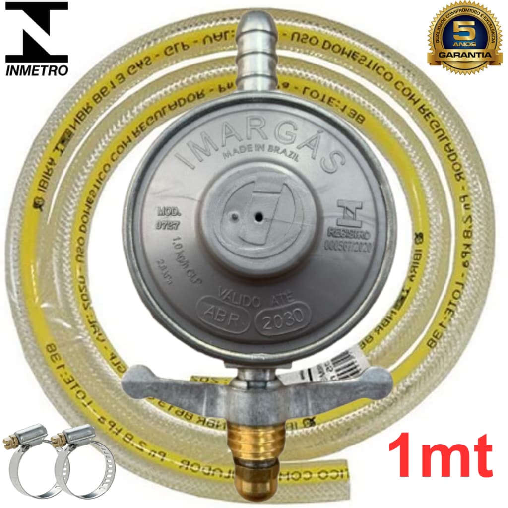 Kit Registro Regulador Gás de Cozinha para Botijão P13 Com Mangueira 1m e 2 Abraçadeiras