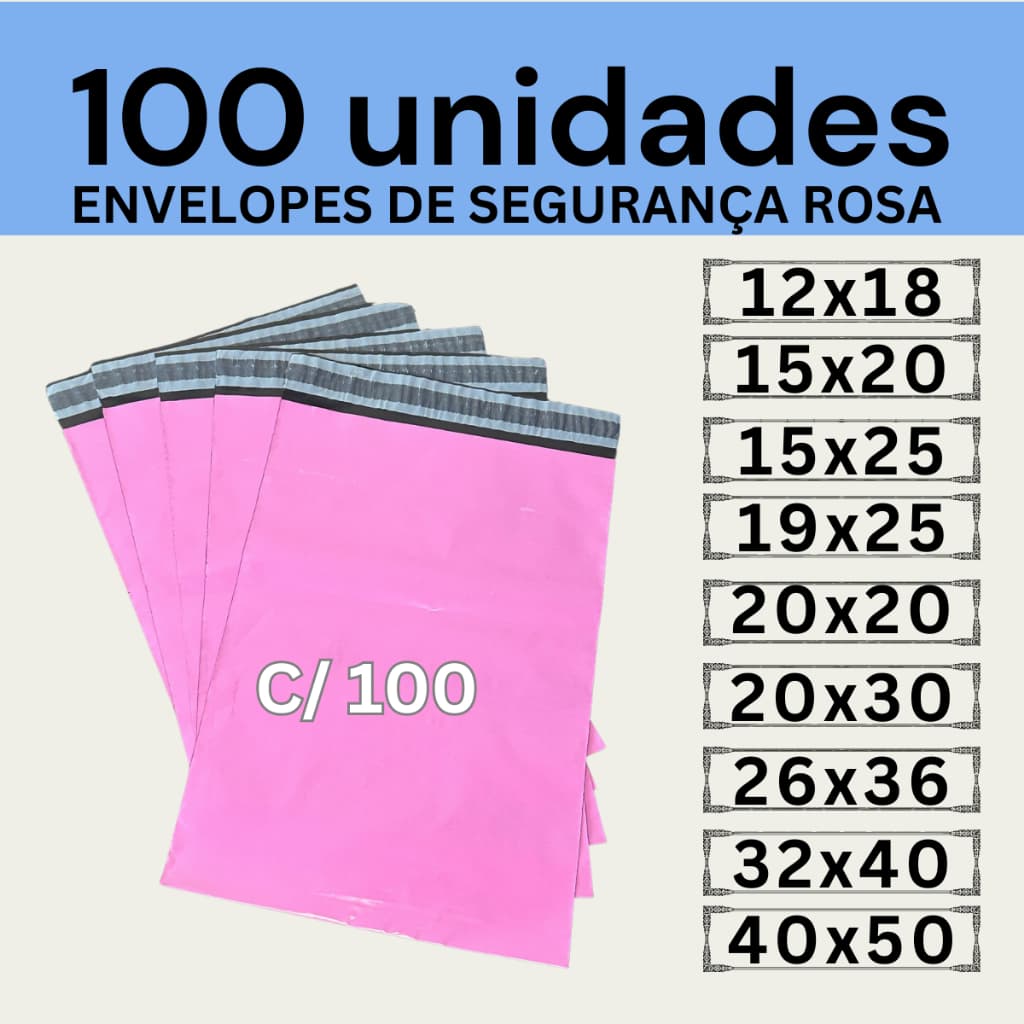 Kit 100 Envelopes Segurança Rosa Embalagem De Envio 12x18 15x20 19x25 20x30 26x36 32x40 40x50