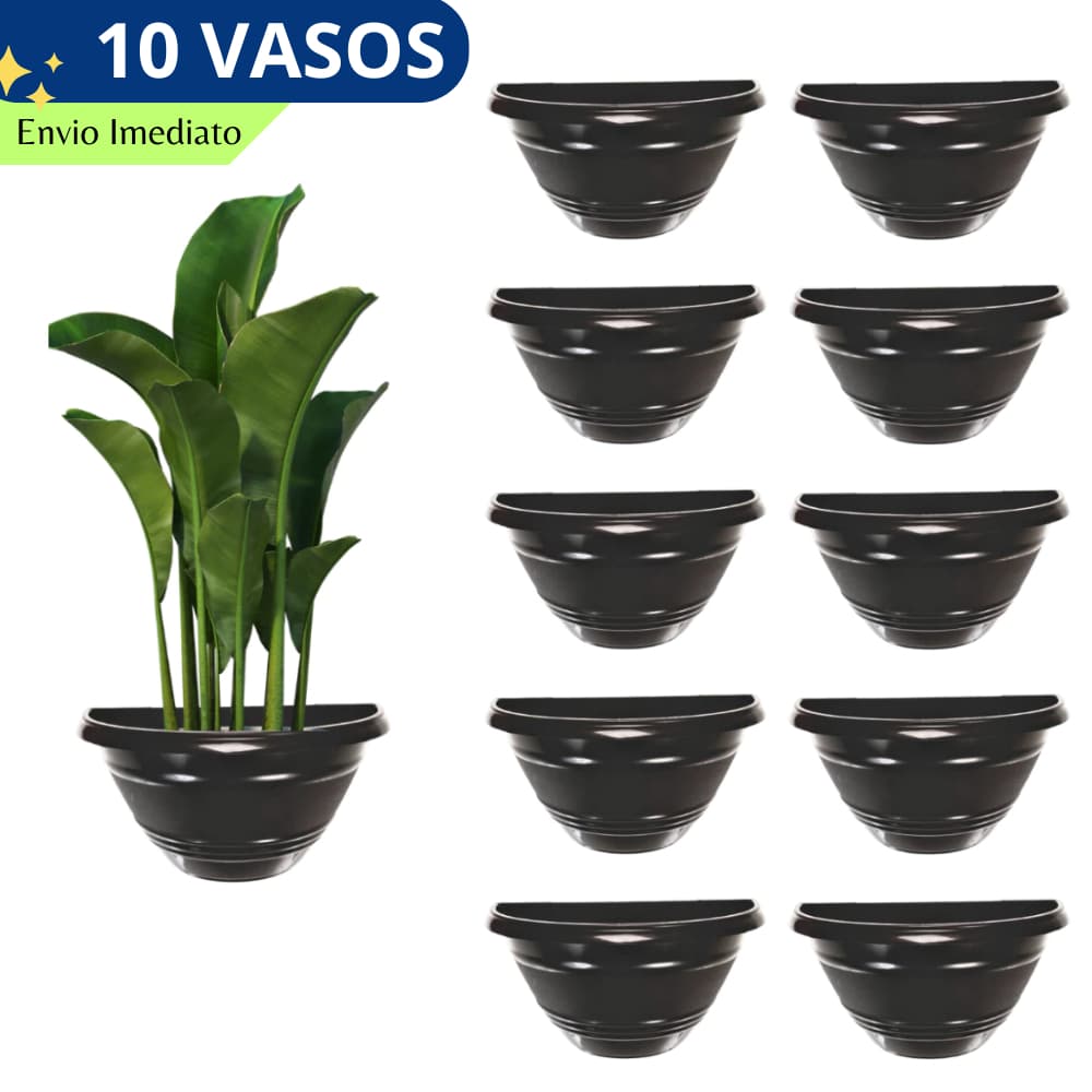 Kit 10 Vaso de Parede Meia Lua Preto de Plastico Flores e Plantas Resistente