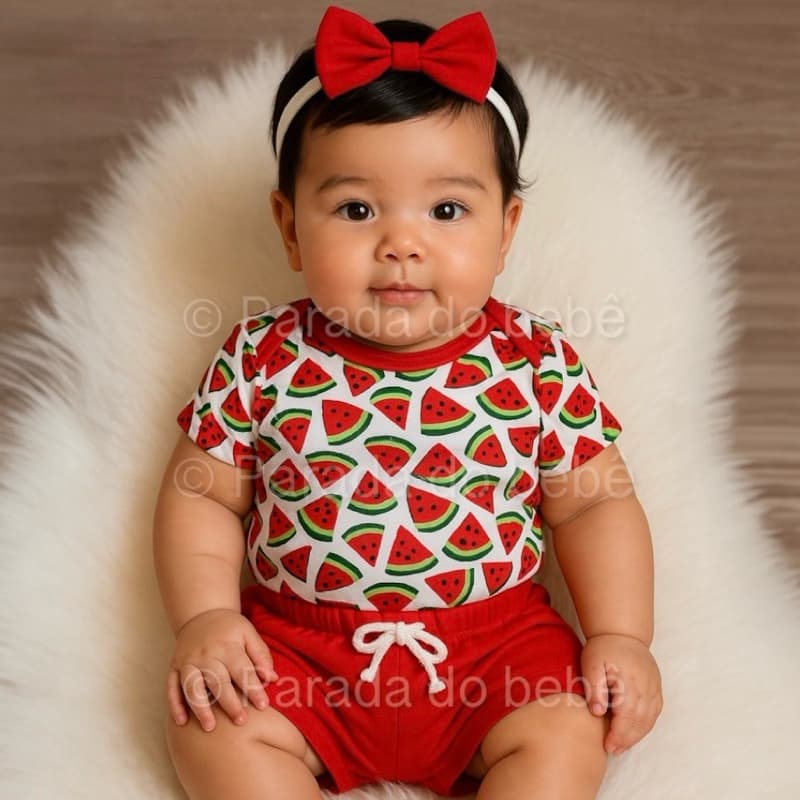 Conjunto de bebê Body, Short + faixa de cabelo laço