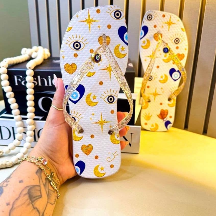 Chinelo Rasteira Rasteirinha Feminino Olho Grego Bico Quadrado Pingente