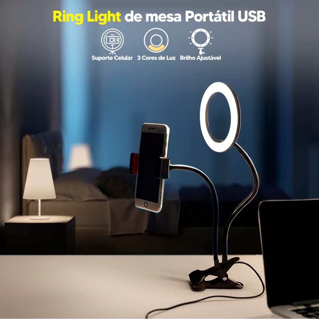 Ring Light de mesa Portátil com Suporte Articulado para Celular