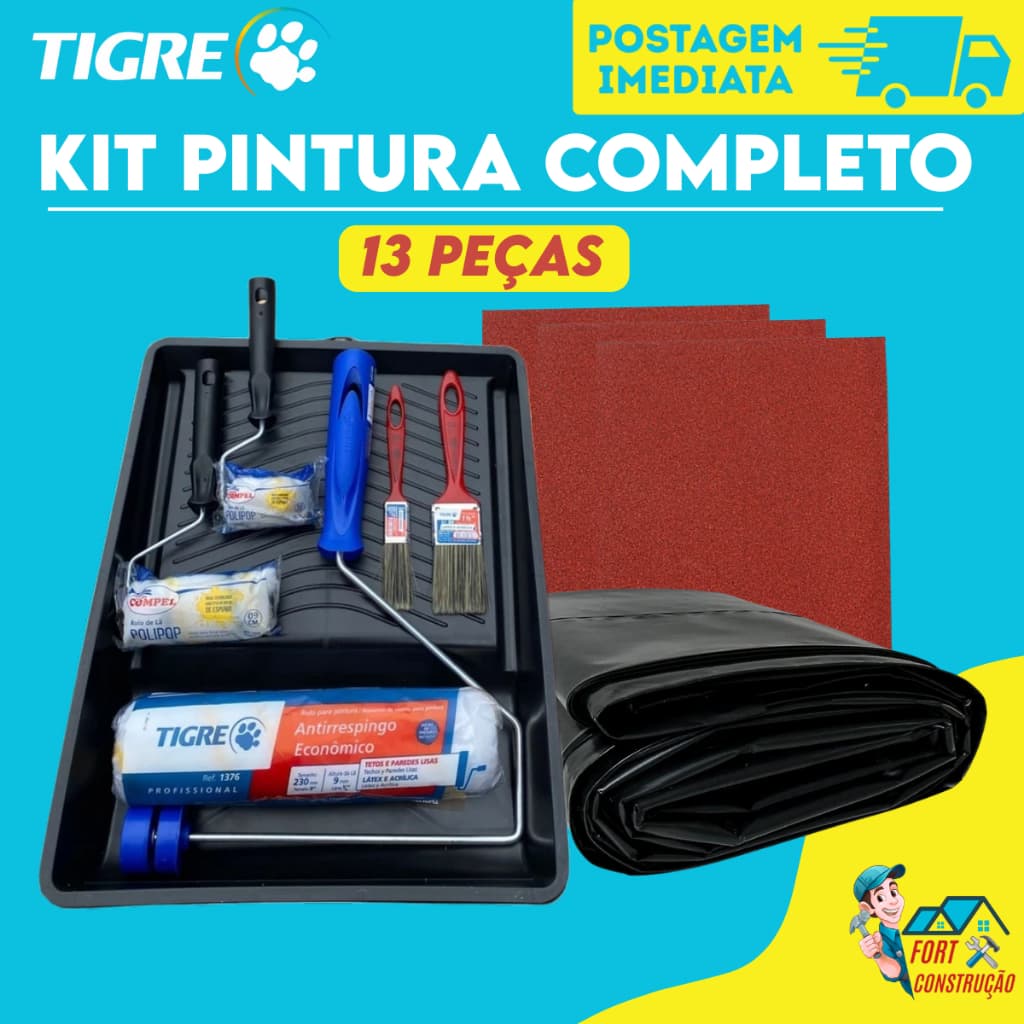 Kit Pintura Parede 13 Peças – Rolo de Lã, Lixa, Pincel e Lona Plástica | Completo e Econômico