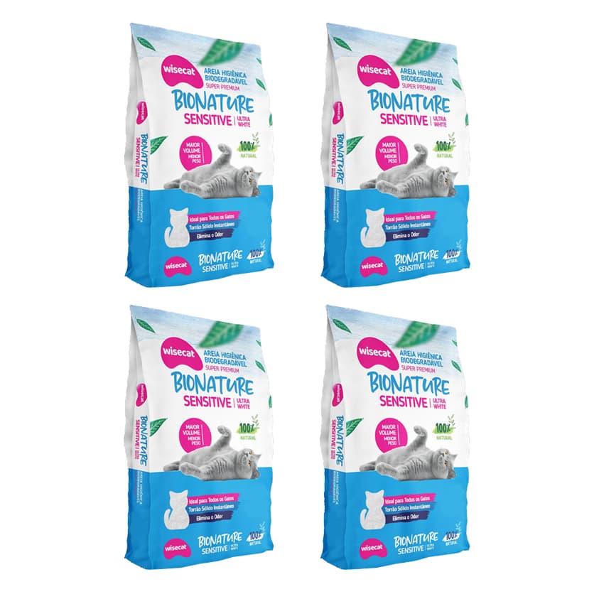 Kit Areia Biodegradável para Gatos Bionature Sensitive Wisecat 2 KG Grãos Finos