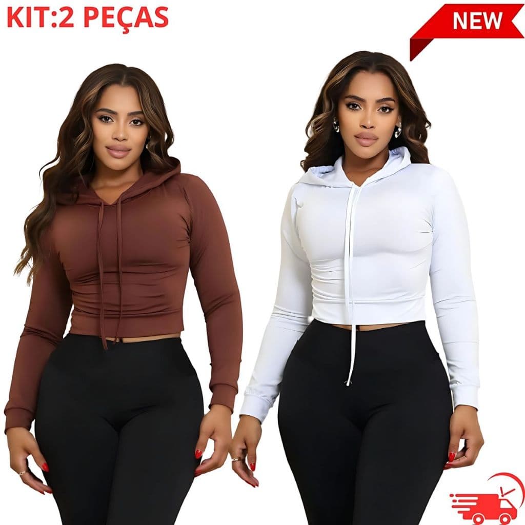 Kit 2 Croppeds Femininos com Capuz e Manga Longa – Moda Inverno, Conforto, Estilo Casual