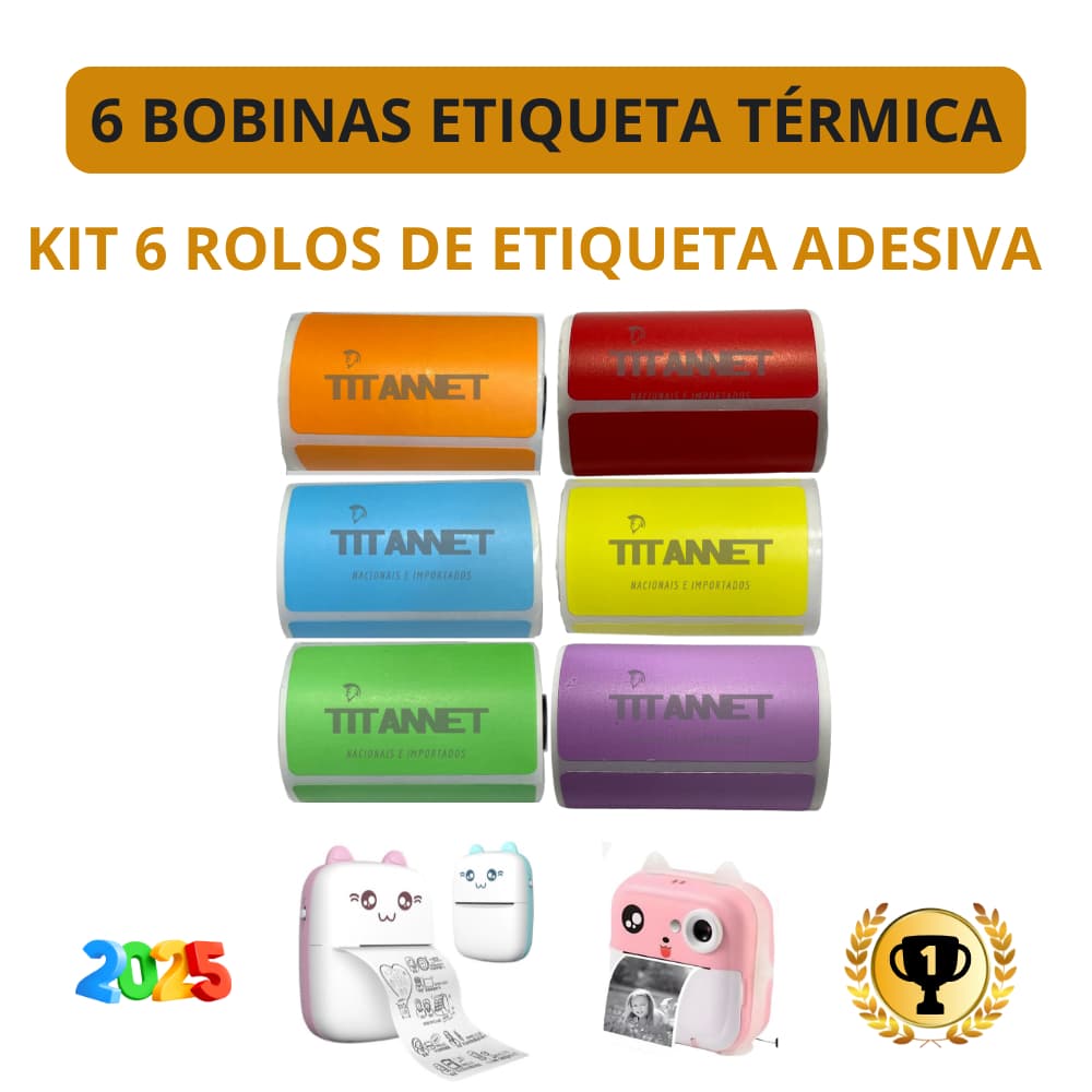 Etiqueta Adesiva Coloridas P/ Mini Impressora Gato - 6 Rolos