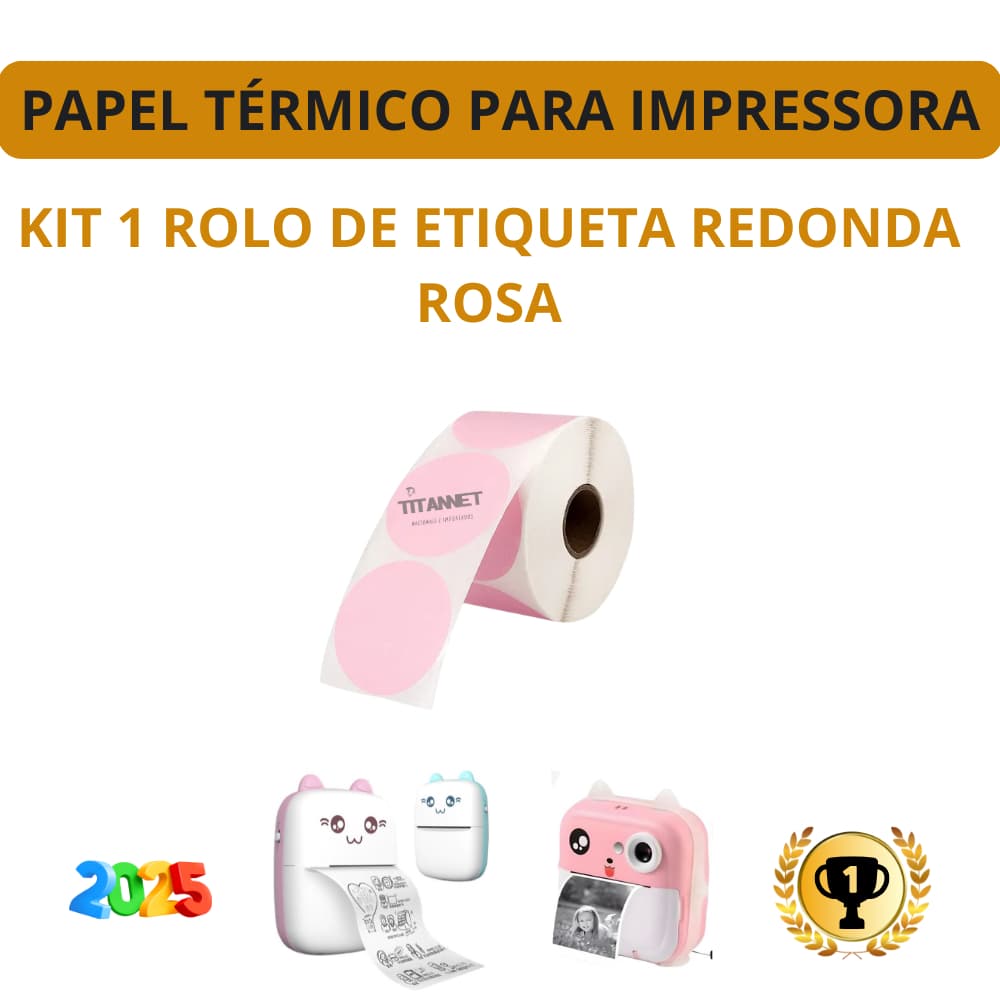 Kit com 1, 3 e 5 Rolos de Etiqueta Adesiva Redonda Rosa para Impressora Gato