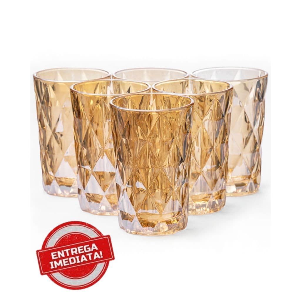 Jogo De Copos Grandes 6 Peças Vidro Diamond 400ml Âmbar