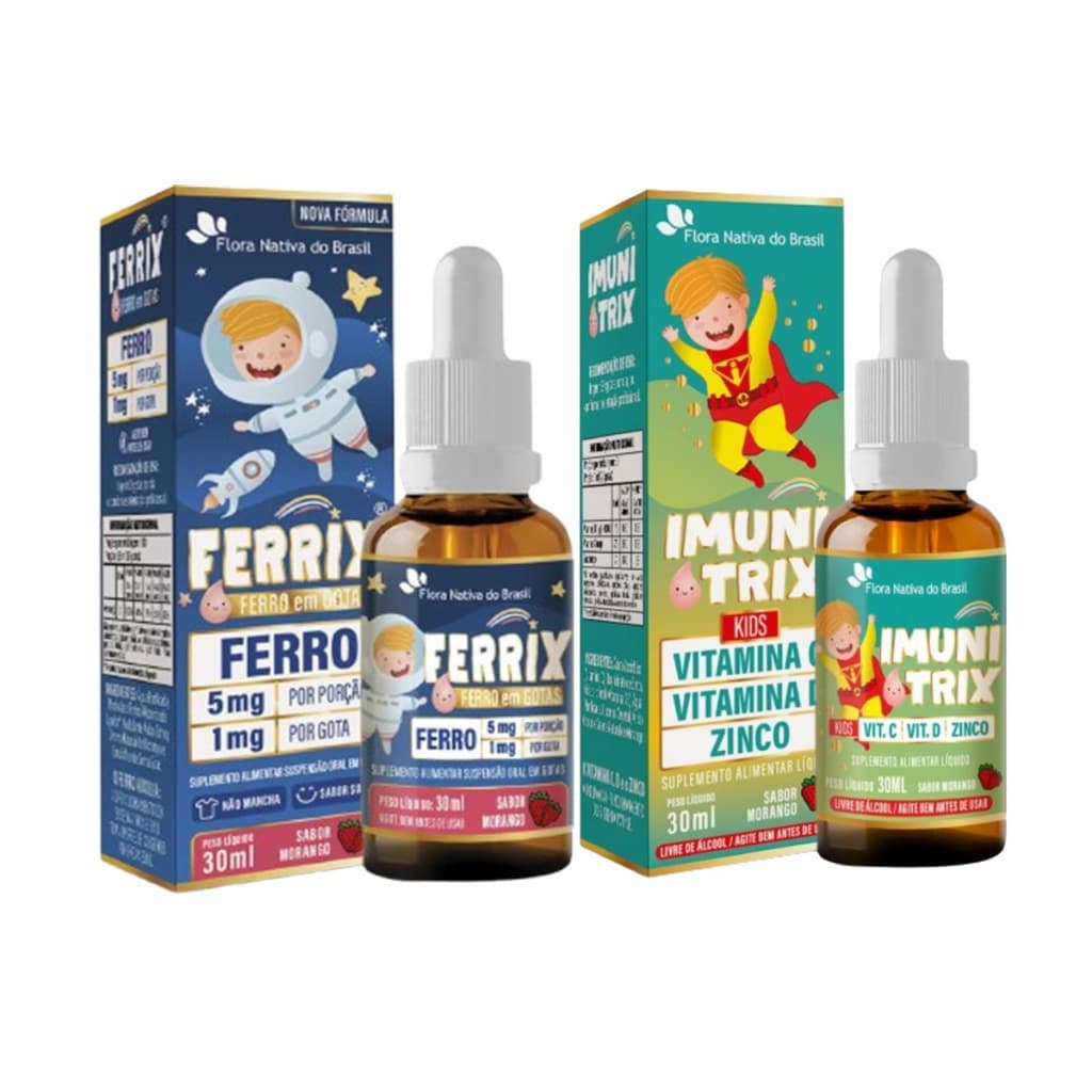 Ferrix Ferro 30ml Sabor Morango + Imunitrix (Vitamina C, Vitamina D, Zinco) 30ml