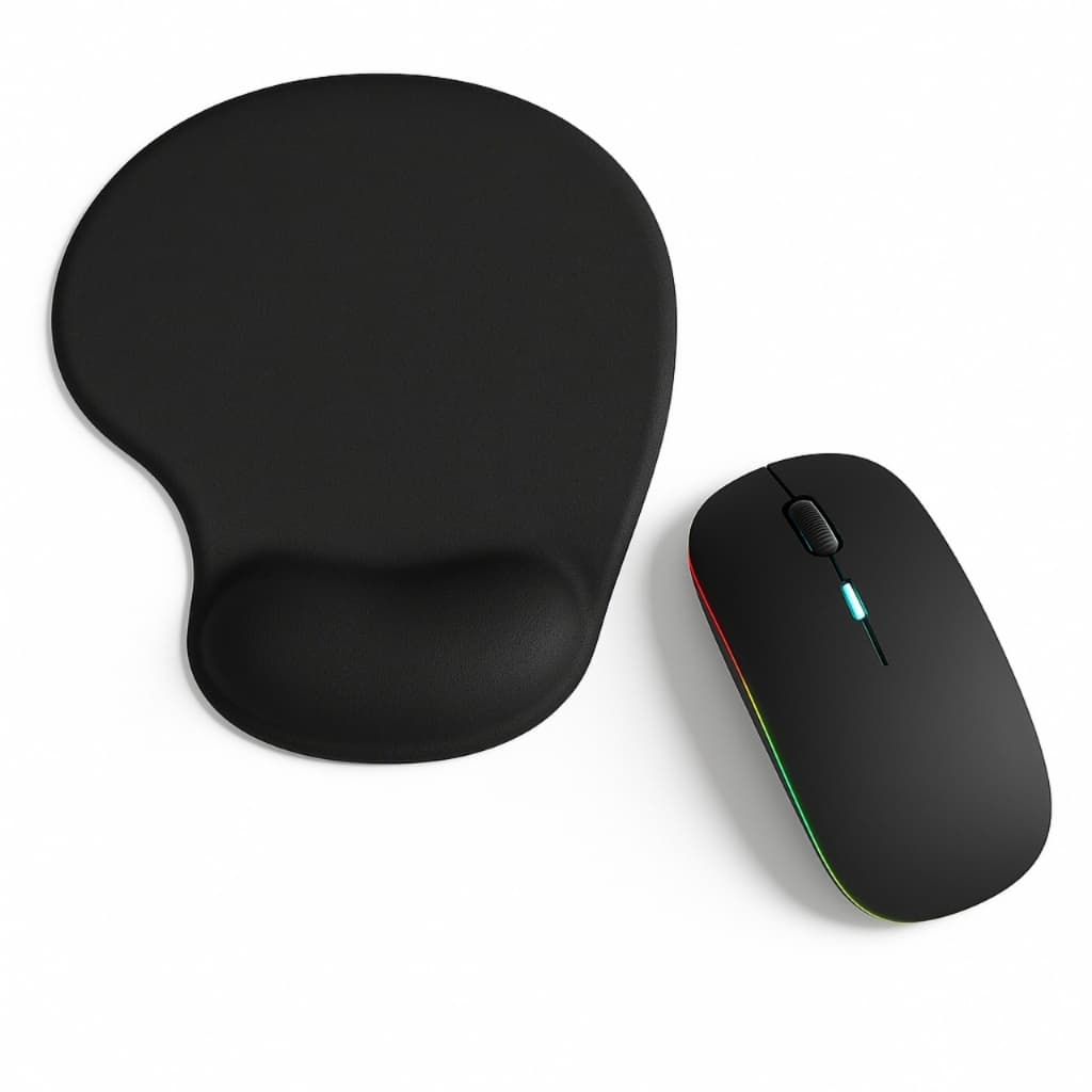Kit Mouse Sem Fio Recaregavel + MousePad Ergonomico Com Apoio De Pulso