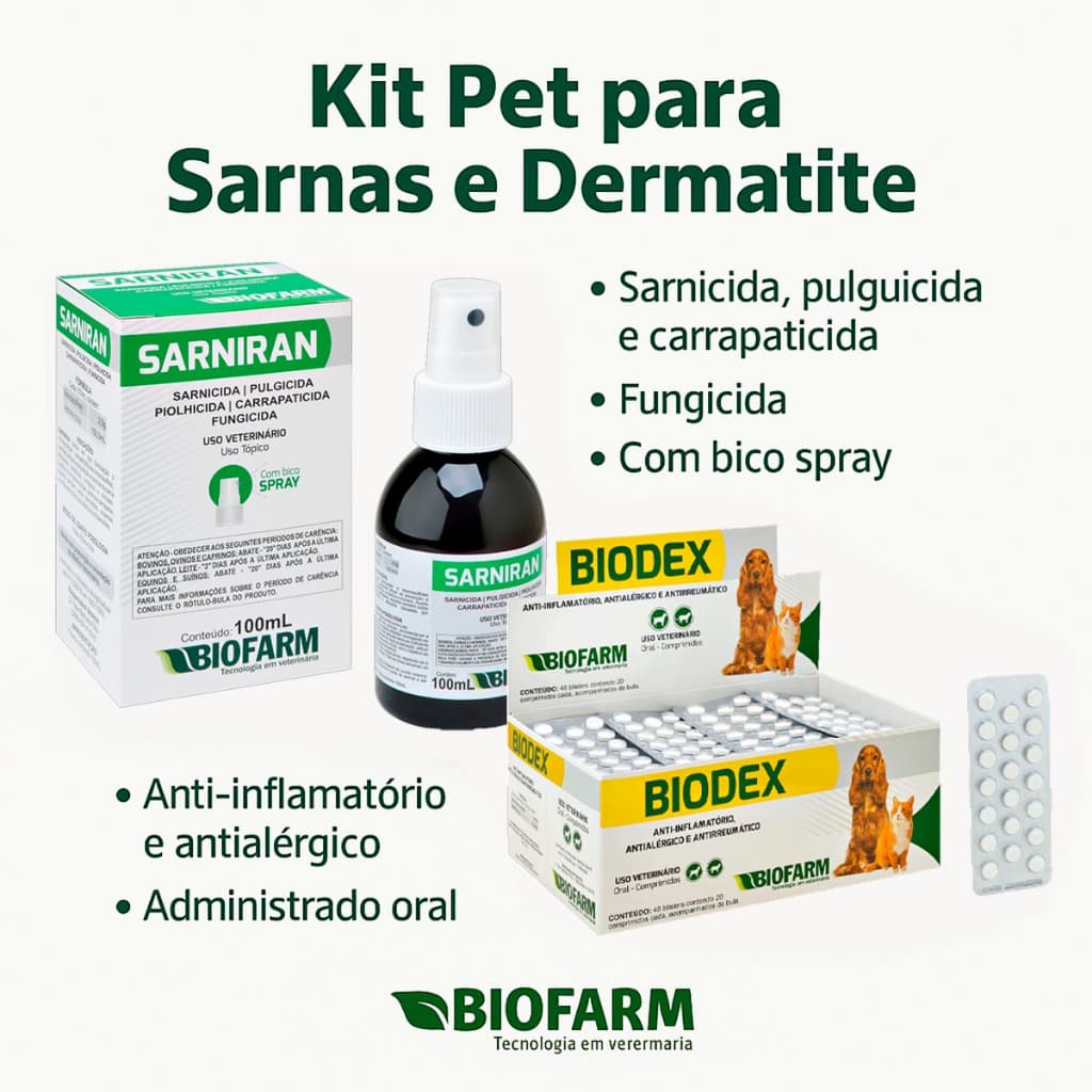 Kit para Sarnas e Dermatite Pet - Spray Sarniran 100ml + 1 cartela Biodex Comprimido