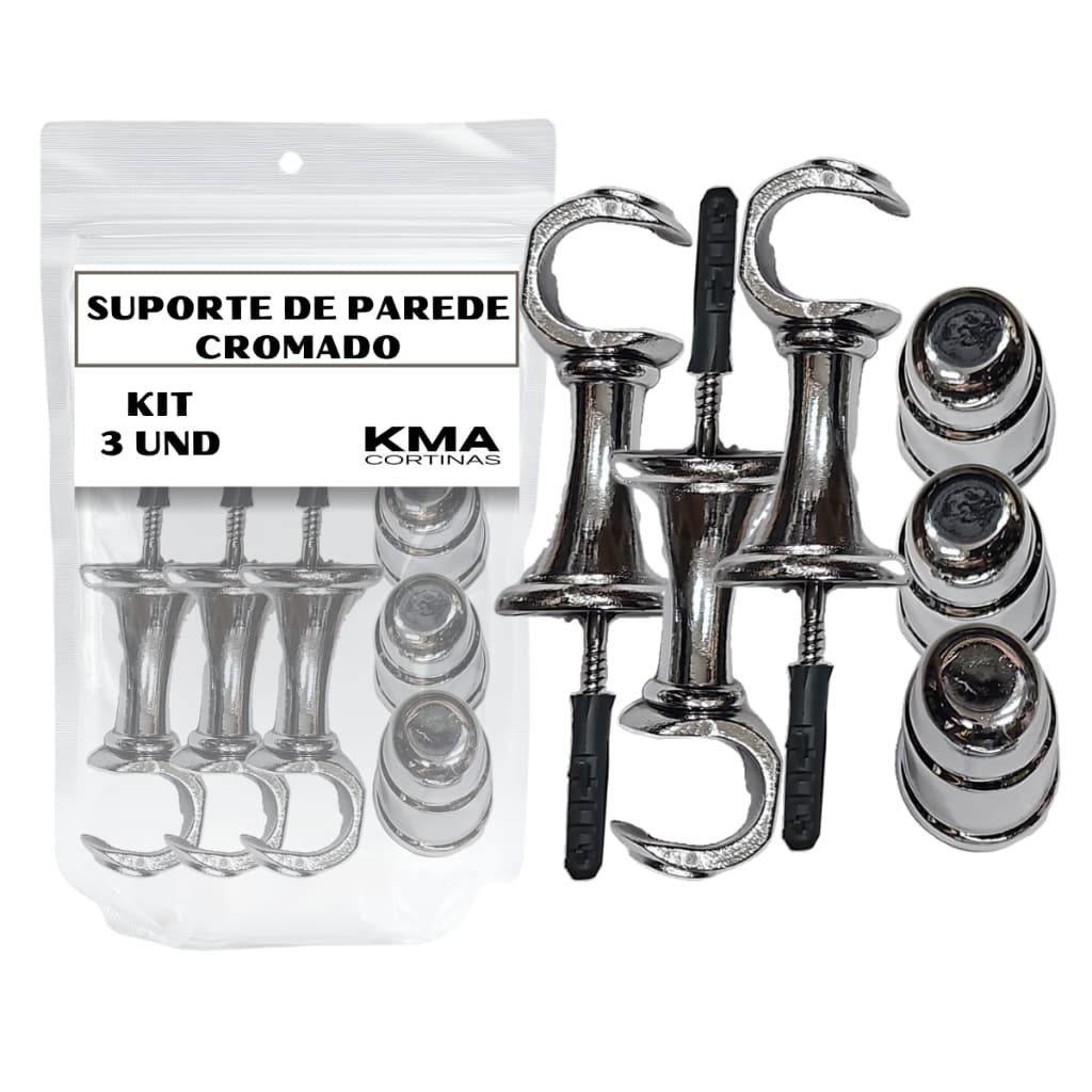 Suporte De Parede Com 3 Unidades Para Cortina  Para Varão 19mm e 28mm Ponteira Branco Imbuia Cromado