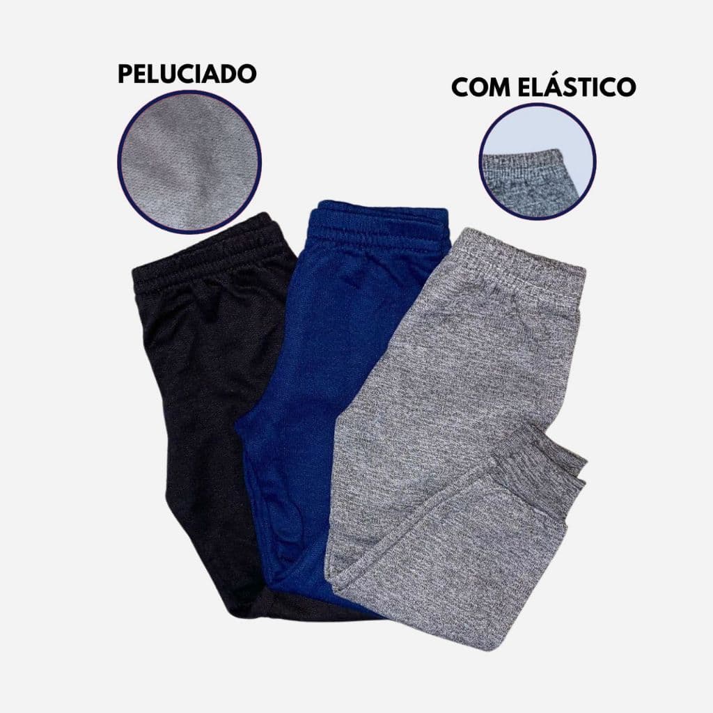 Kit 3 calças unissex infantil juvenil feminina e masculina moletom leve jogger peluciado inverno casual social frio
