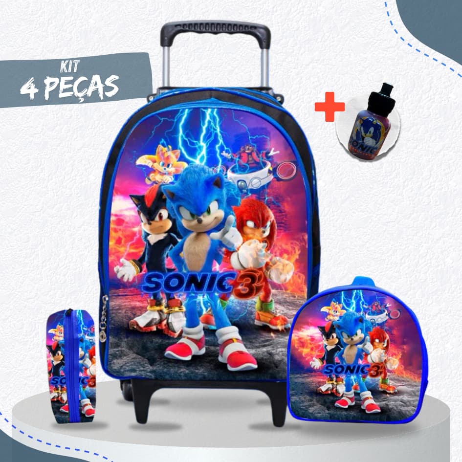 Mochila escolar de Rodinha + Lancheira e estojo Sonic 3