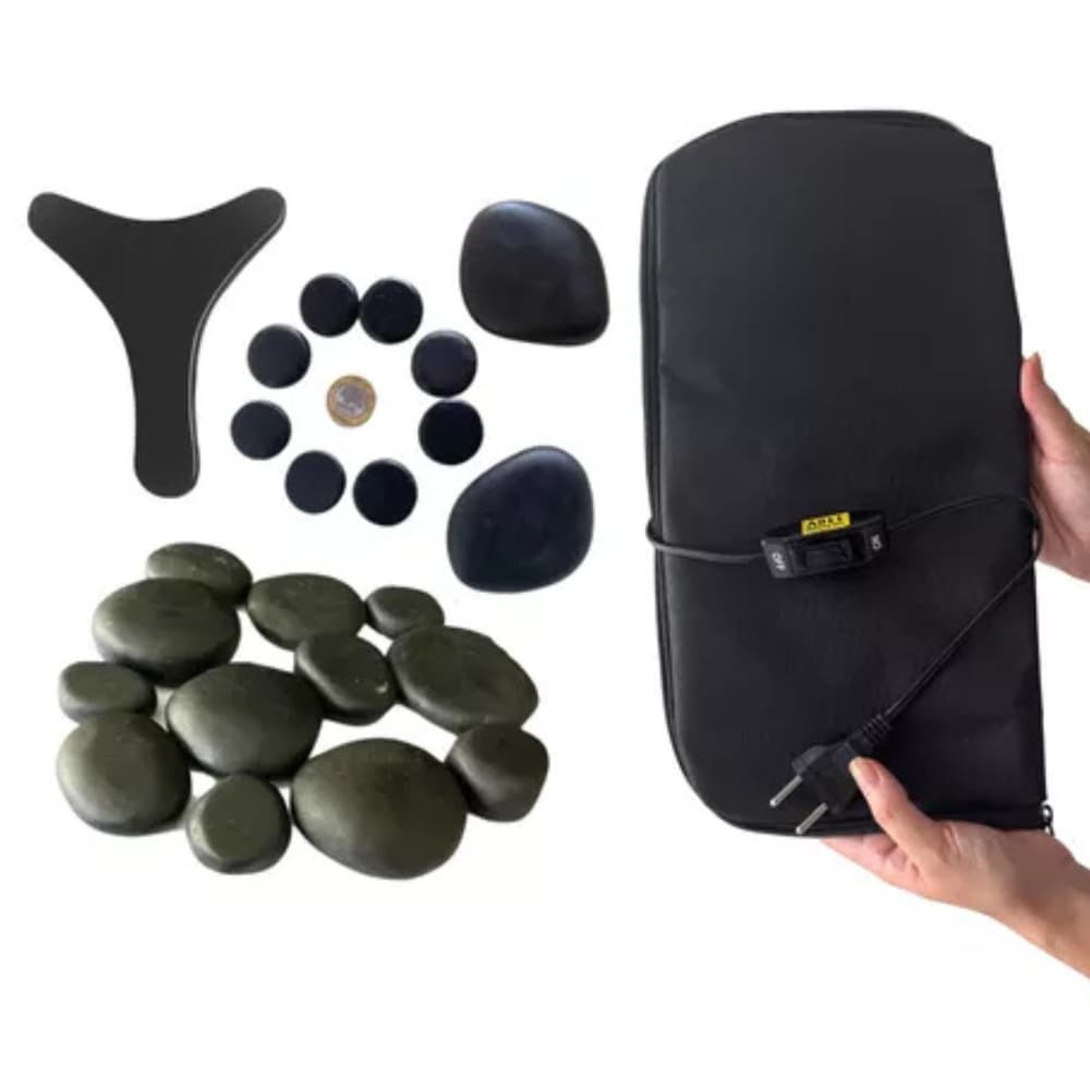 Kit 12 Pedras Quentes Vulcânicas Corporal + 10 Podais  + Bolsa Térmica + Pantalinha