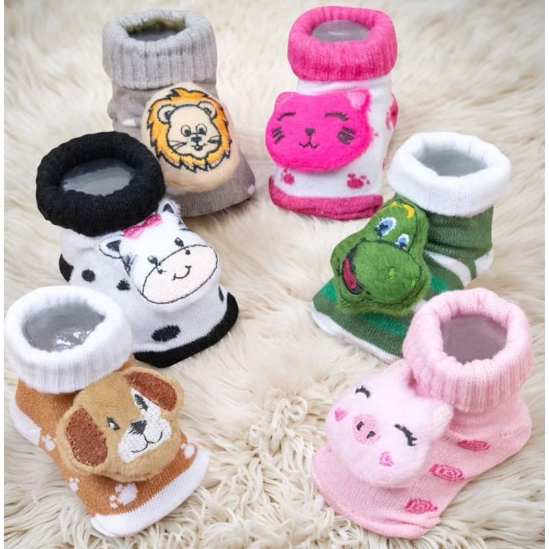 Kit 4 Pares de Meias Infantil de Ursinhos 3D para Bebe, Enxoval, Maternidade, Recém nascido