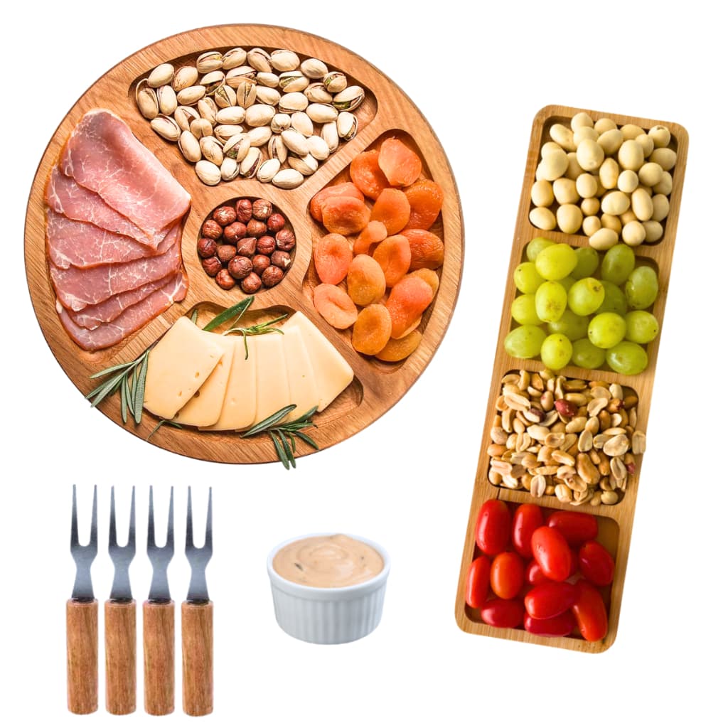 Petisqueira de Bambu Redonda 5 Divisórias 25cm com Tábua de Frios e Petiscos de Bambu 4 Divisórias