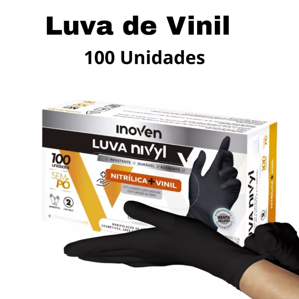 Luva Vinil Preta com 100 Unidades para uso Profissional