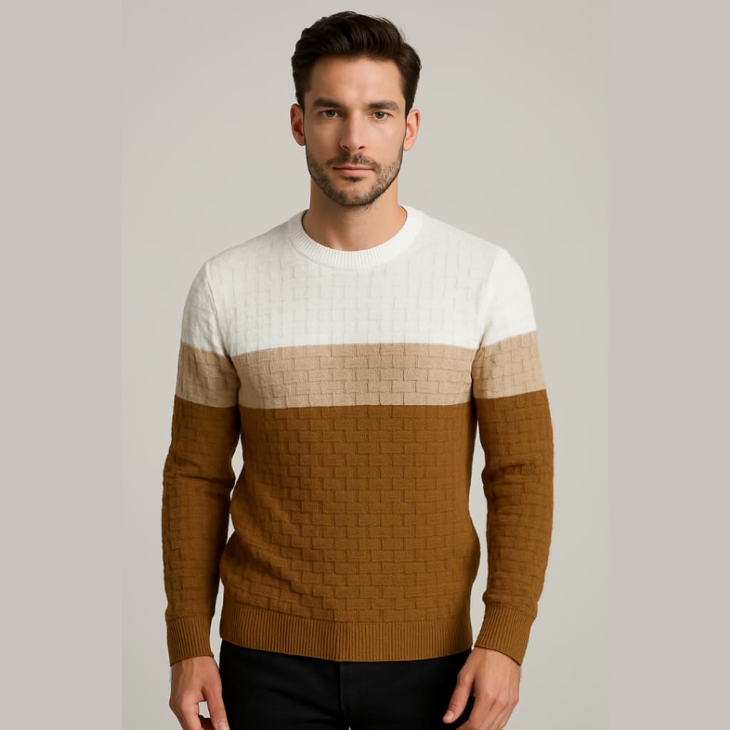 Suéter Gola Redonda Listrado Blusa de Frio Quente Confortável de Poliéster Careca Tricot de Inverno