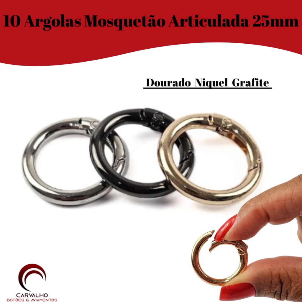 Argola Articulada Metal Mosquetão 17mm 25mm 30mm Kit C/ 10 Unidades Argolas Premium