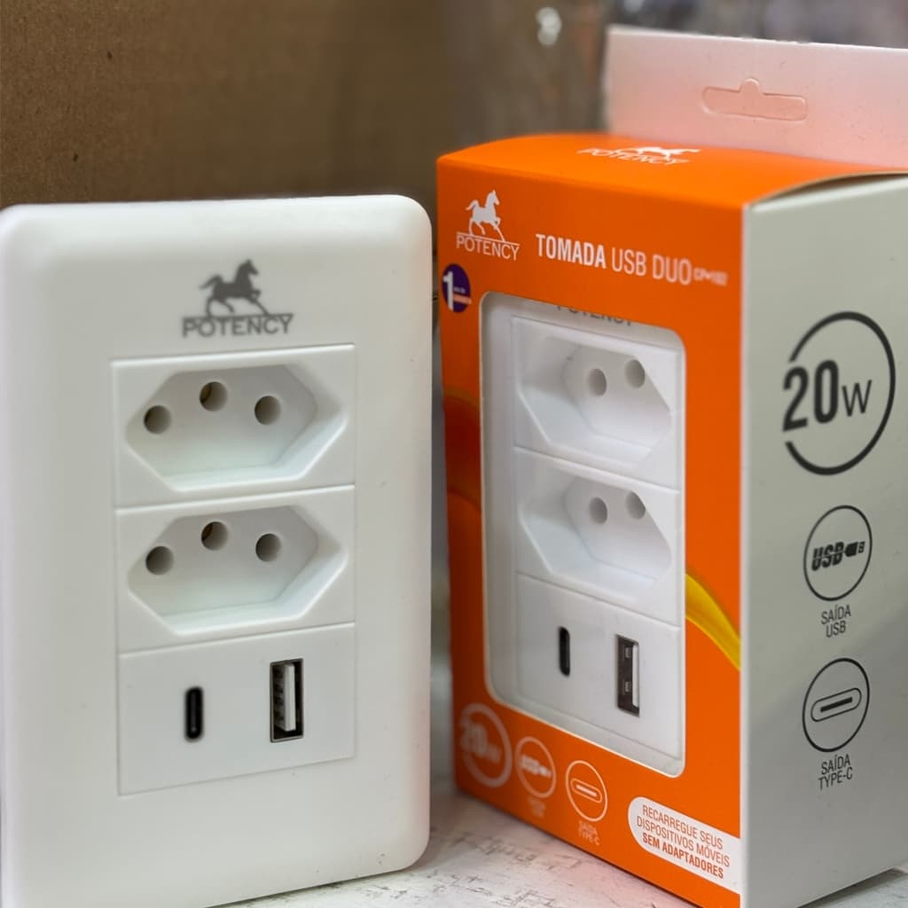 Tomada de Parede com Entrada USB e type-c - Carregador Universal para Dispositivos Móveis Casa e Escritório
