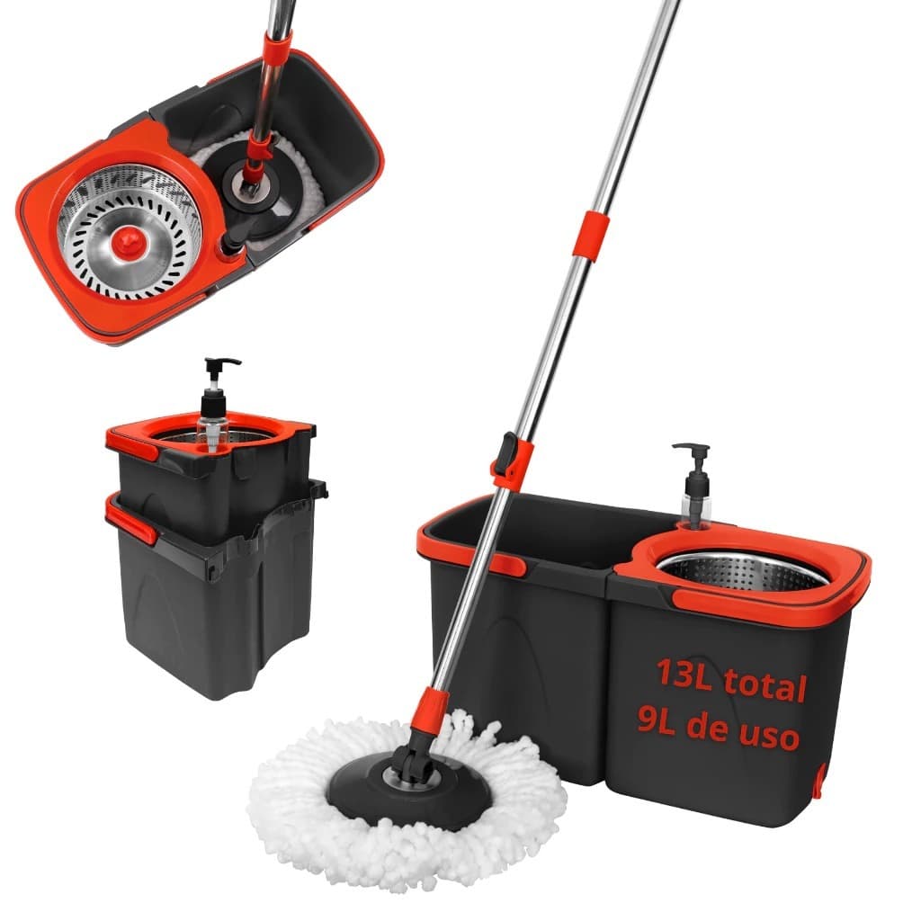 Mop Giratório Duo com Cesto Inox Duas Águas, Desmontável, Prático para Limpeza Rápida Profunda Eficiente, Facil de Usar