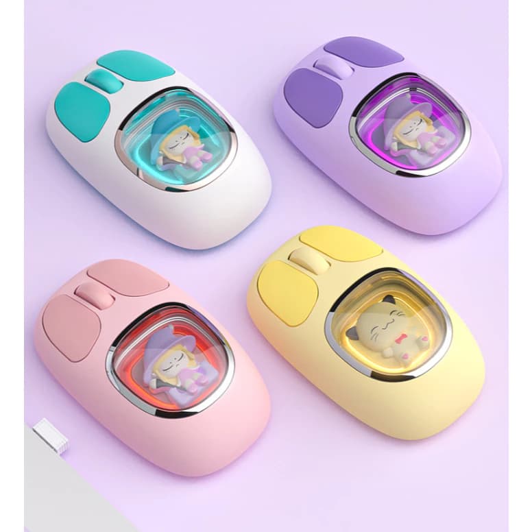 Mouse sem fio Bluetooth recarregável silencioso com desenho animado 2,4 G