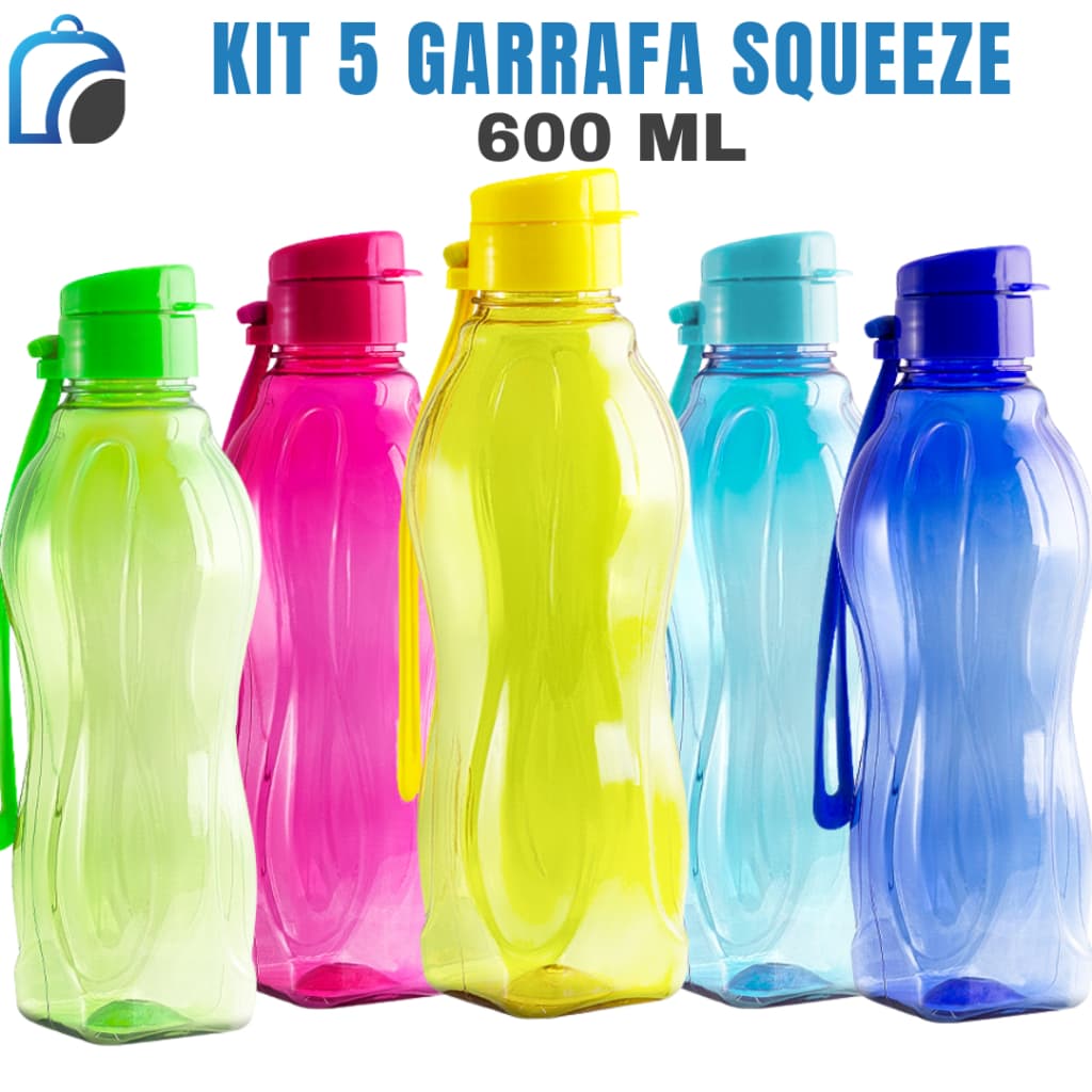 KIT com 5 Garrafas Squeeze 600ml –Várias Cores