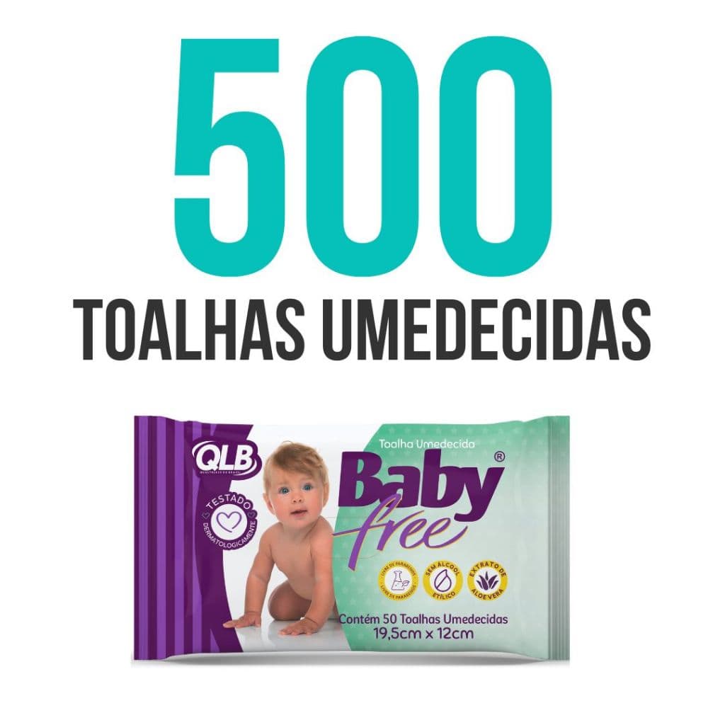 Caixa com 10 Lenços/Toalhas Umedecidas Baby Free c/ 50 Unidades Cada