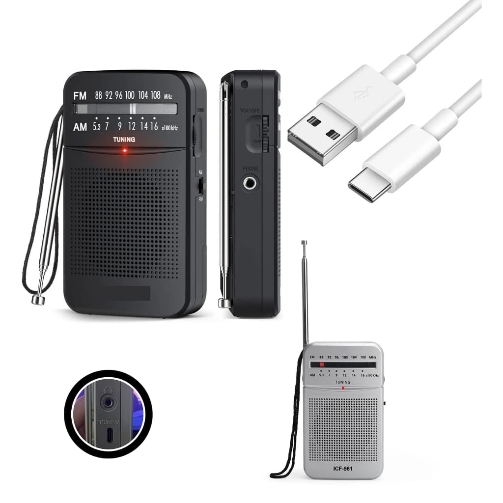 Rádio Portátil De Bolso Portátil AM FM Bateria Recarregavel e Pilha com Alça