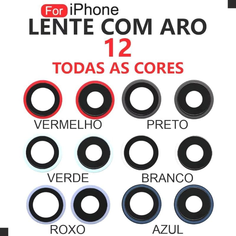 Kit 2 Par Aro + Lente iPhone 12 /12 mini Com Aro Suporte para Lente da Câmera de Vidro Traseiro Lente iPhone 12 Vidrinho