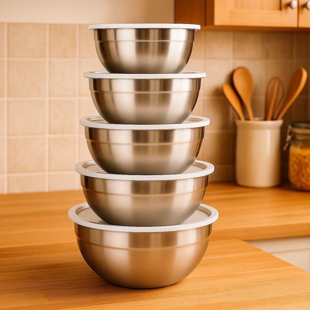 kit 5 Bowl Tigela Aço Inox Saladeira Com Tampa Multiuso