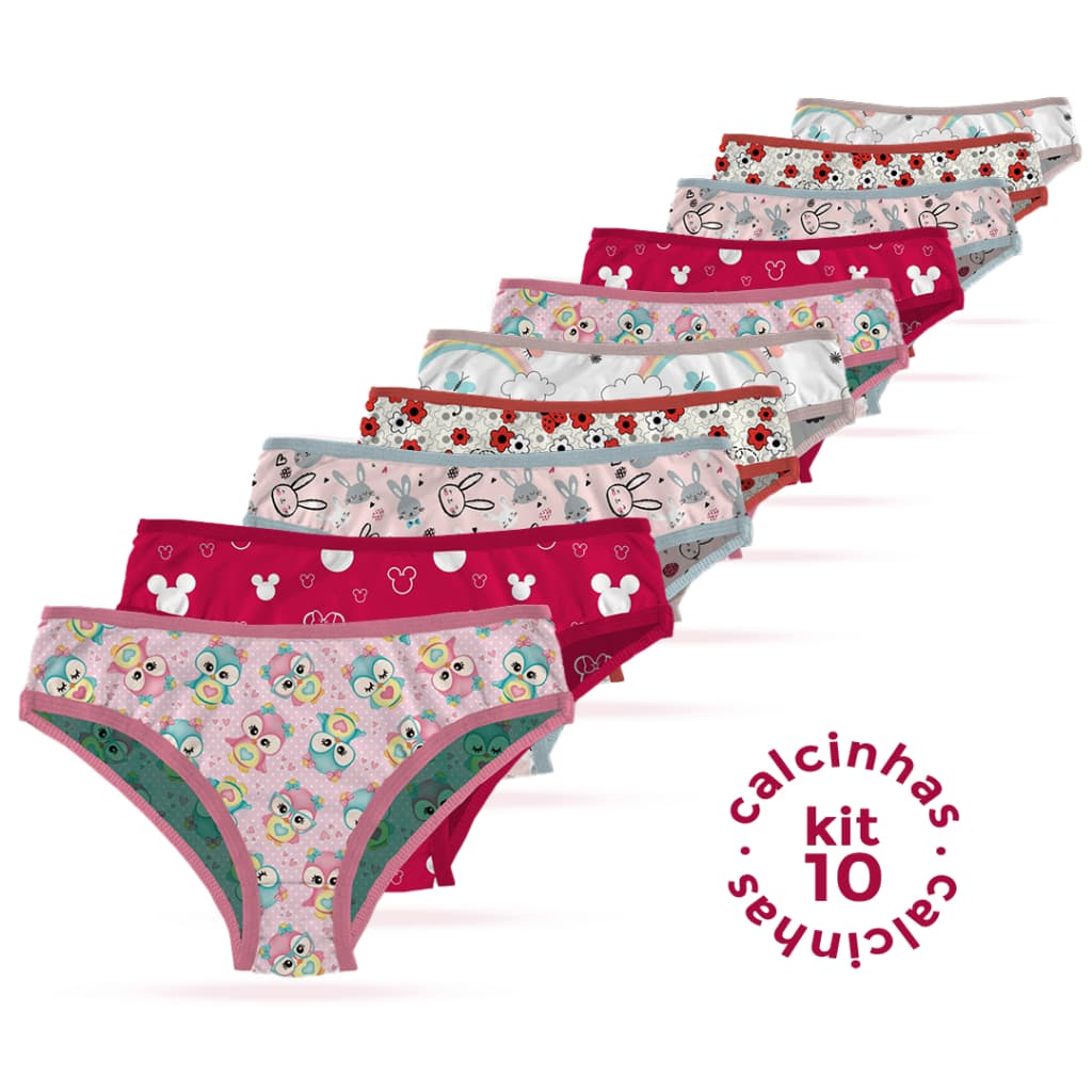 Kit 10, 5 Calcinhas Feminina Infantil Tecido Premium Microfibra Forro de Algodão Confortável Estampada
