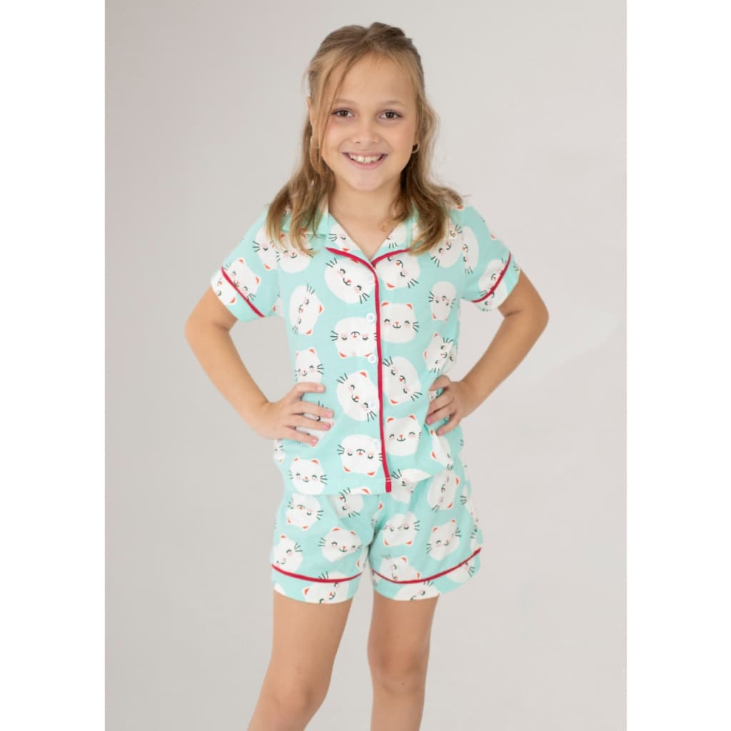 Pijama Americano Infantil Manga Curta Algodão - Gatinhos Verde