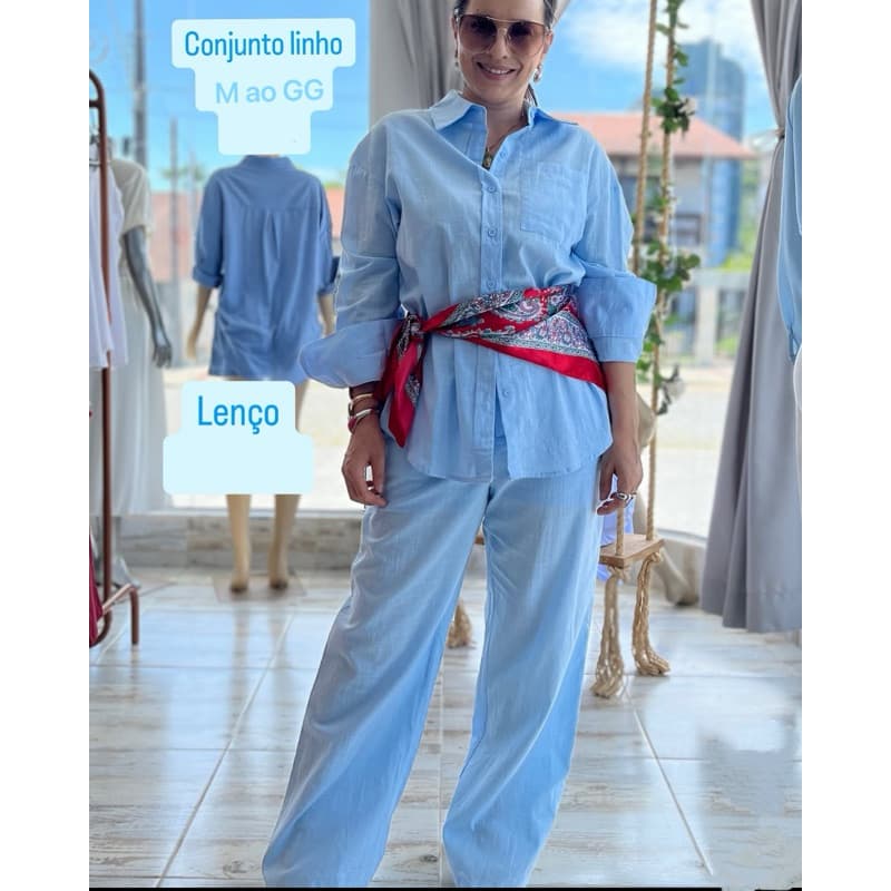 conjunto casual elegante linho camisa com bolso e pantalona cintura elástico Cód 922