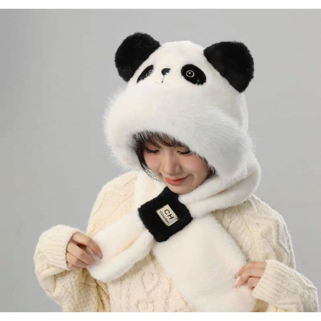 Infantil 5 ao 16 anos Panda Urso Touca Cachecol  2 em 1 Peluciada Tampa Orelha Forrada Para Menina e Menino