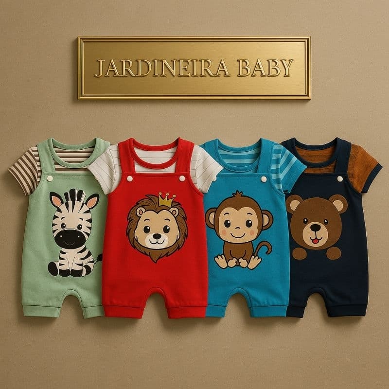 Conjunto de Bebê Macacão Jardineira Safari com Estampa de Animais - Roupa Fofa para Bebê Menino