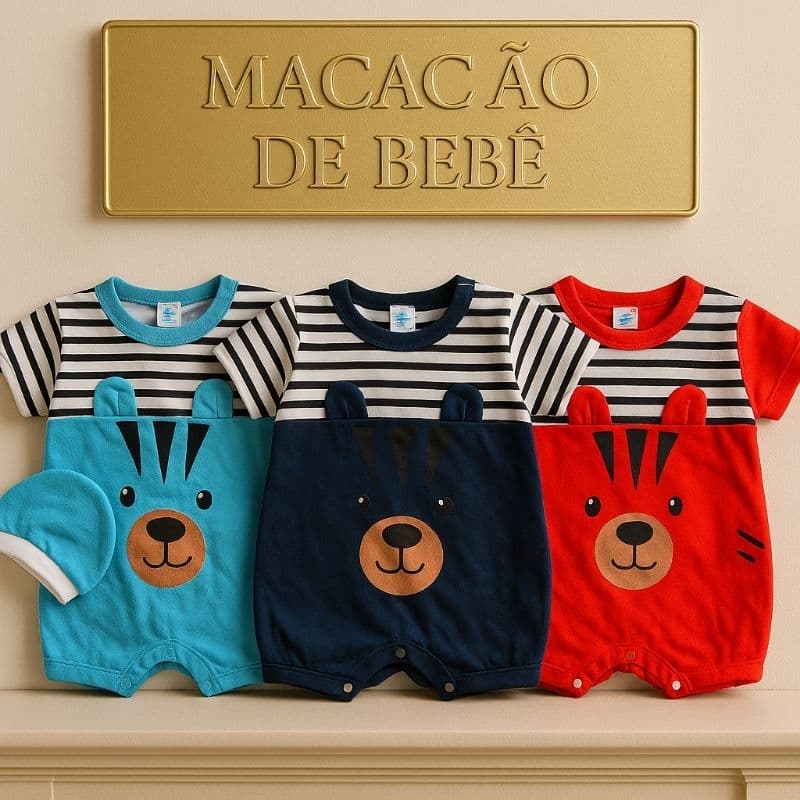 Macacão para Bebê Menino com Camiseta e Touquinha Ursinho Listrado