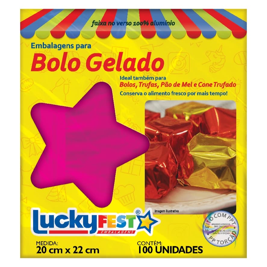 Embalagem Para Bolo Gelado Laminado 20x22cm 100Unidade Luckyfest Ideal Para Bolo Gelado Trufas Pão de Mel e Cone Trufado