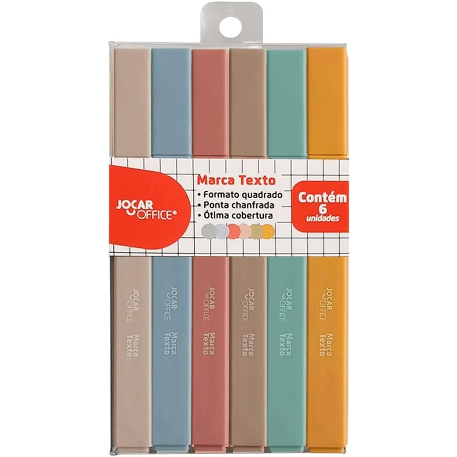 Kit com 6 Canetas Marca Texto 6 Cores Quadrado Jocar Office cores Pastéis/ tons Escandinávos