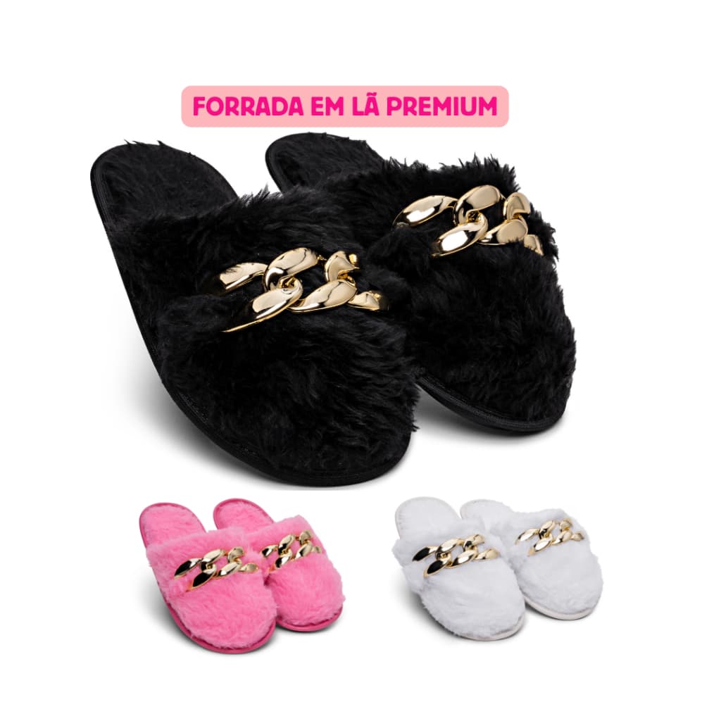 Pantufa Feminina Luxo Com Corrente Forrada em Pelúcia Premium
