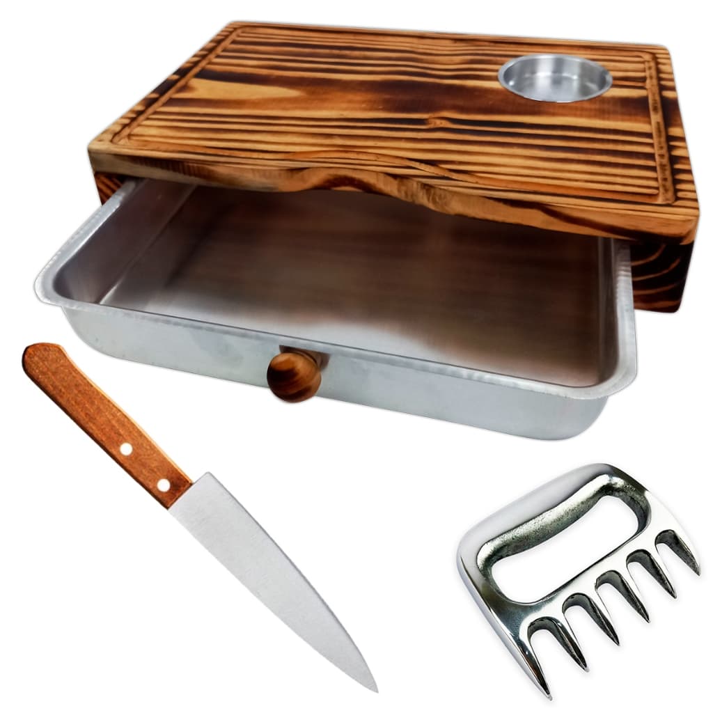 Kit Churrasco Tábua Madeira Desenhada 1 Pote Faca Garra Urso