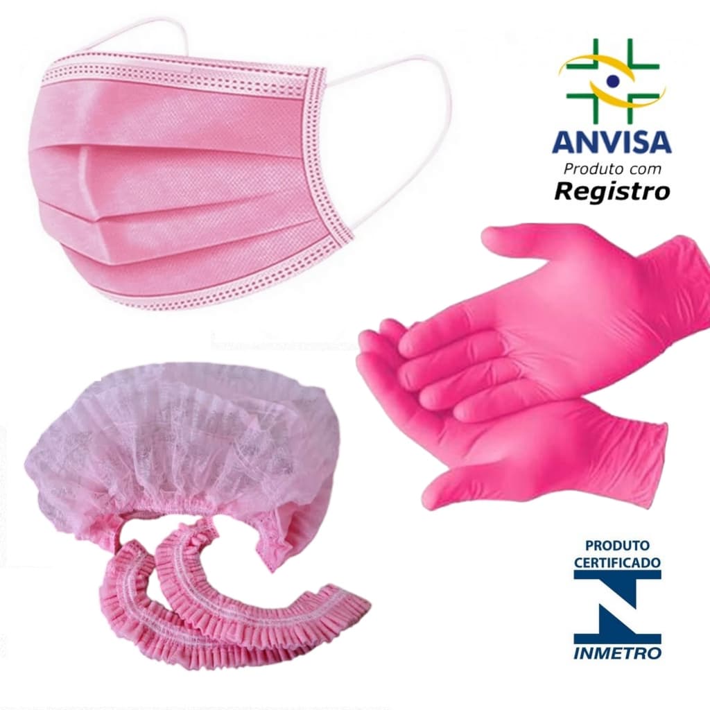 Kit Luva Nitrílica + Touca + Mascara Rosa TNT  Descartável com ANVISA