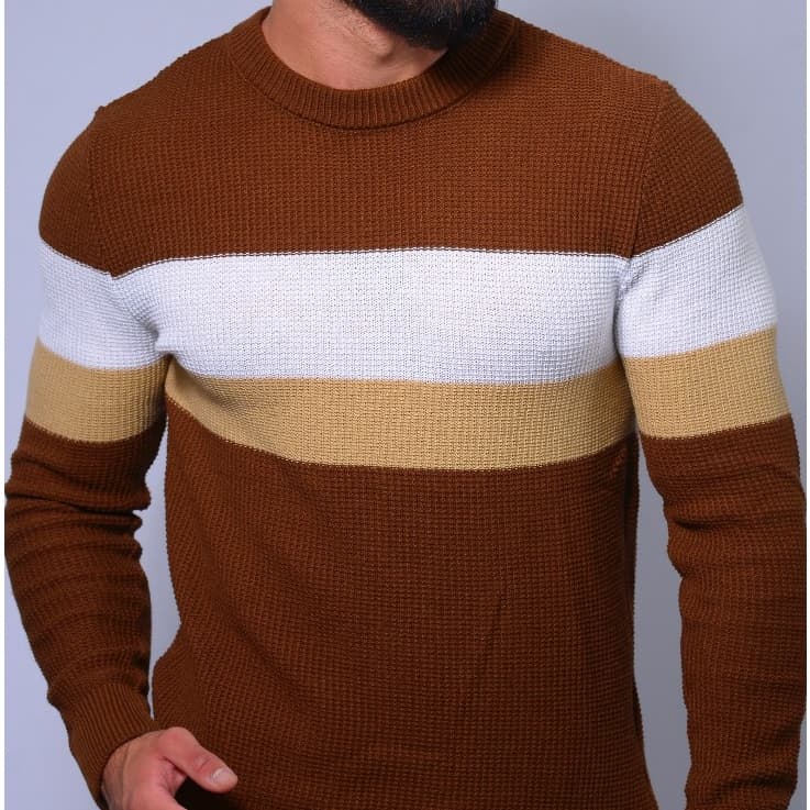 Blusa Masculina Listrada de Tricot Estilo Casual Suéter Inverno Elegante Gola Redonda e Conforto