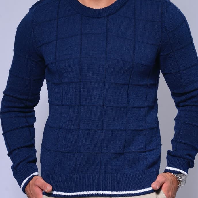 Blusa Masculina Quadriculada de Tricot Estilo Casual Suéter Inverno Elegante Gola Redonda e Conforto