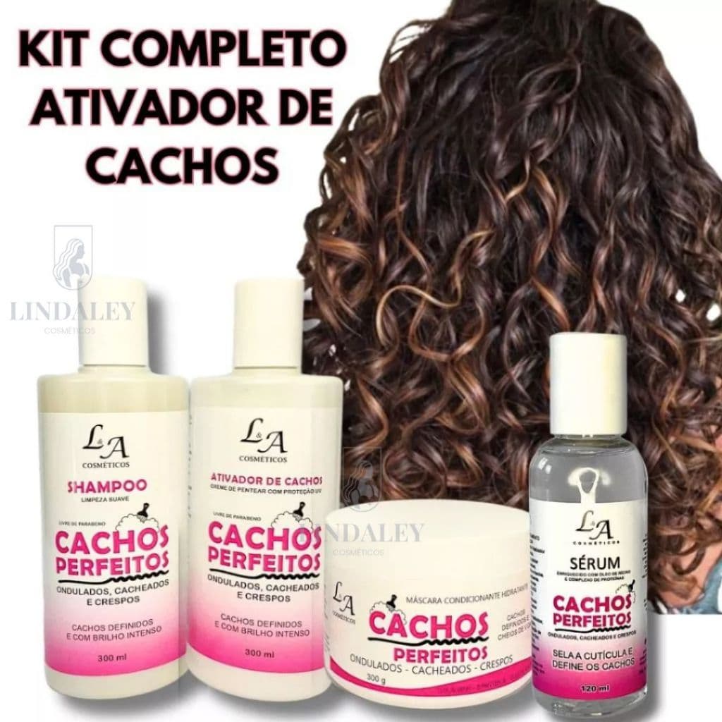 Combo Completo Ativador de Cachos Perfeitos Shampoo Condicionador Máscara Sérum reparador de pontas